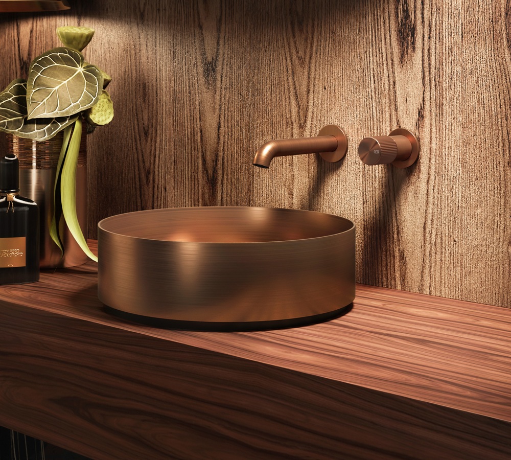Gessi Habito Collection wall Mount Single handle lavatory faucet with round brass vessel sink